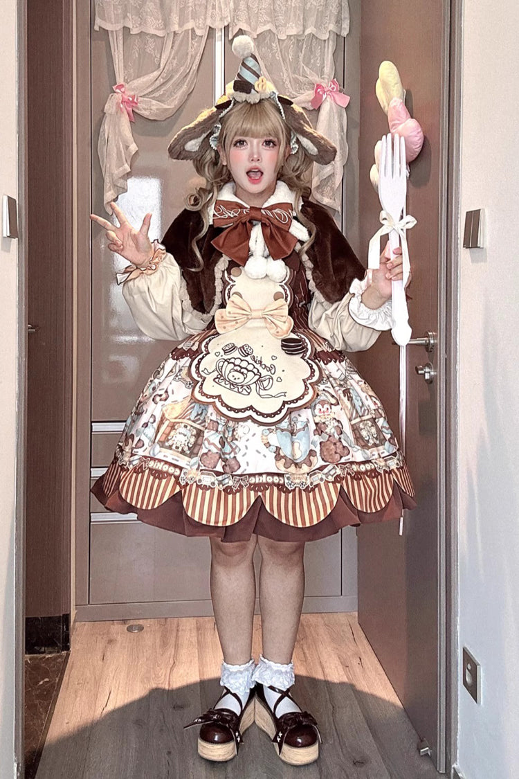 Bear Cookie Sleeveless Print Bowknot Sweet Lolita Jsk Dress Set 2 Colors
