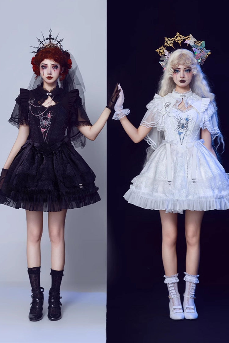 Black Sleeveless Spider Embroidery Bowknot Lace Gothic Princess Lolita Skirt Two-piece Set