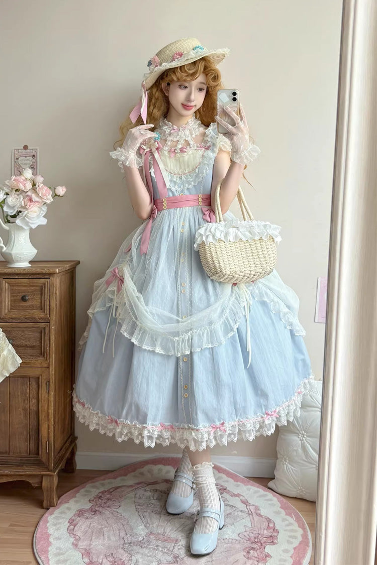 Blue Sakura's Spring Resonance Sleeveless Ruffled Bow Sweet Lolita Jsk Dress (Long Version)