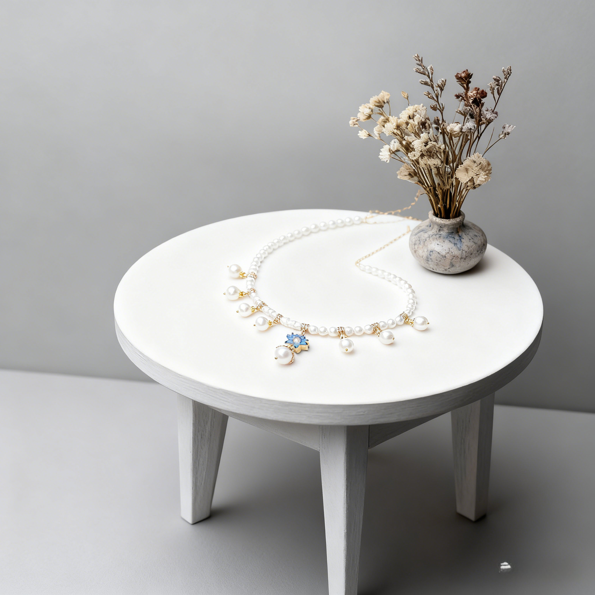 Lolita Necklace Blue Enamel Lotus Pearl Choker Chinoiserie Gold-Tone with Elegant Tassels