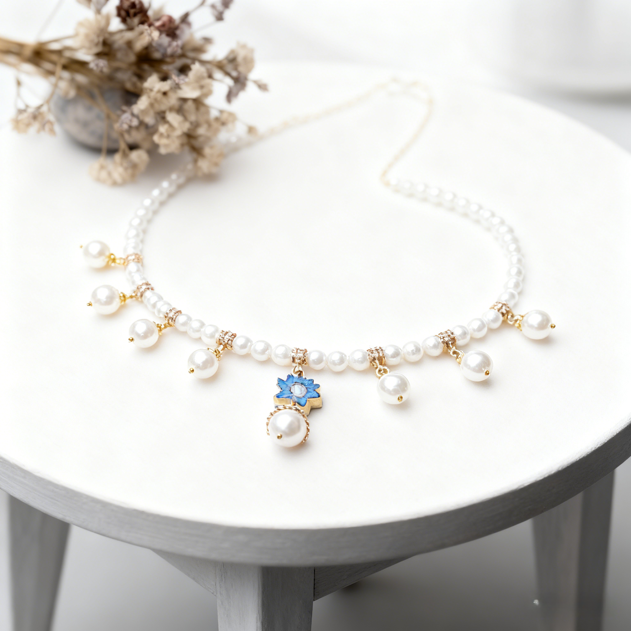 Lolita Necklace Blue Enamel Lotus Pearl Choker Chinoiserie Gold-Tone with Elegant Tassels