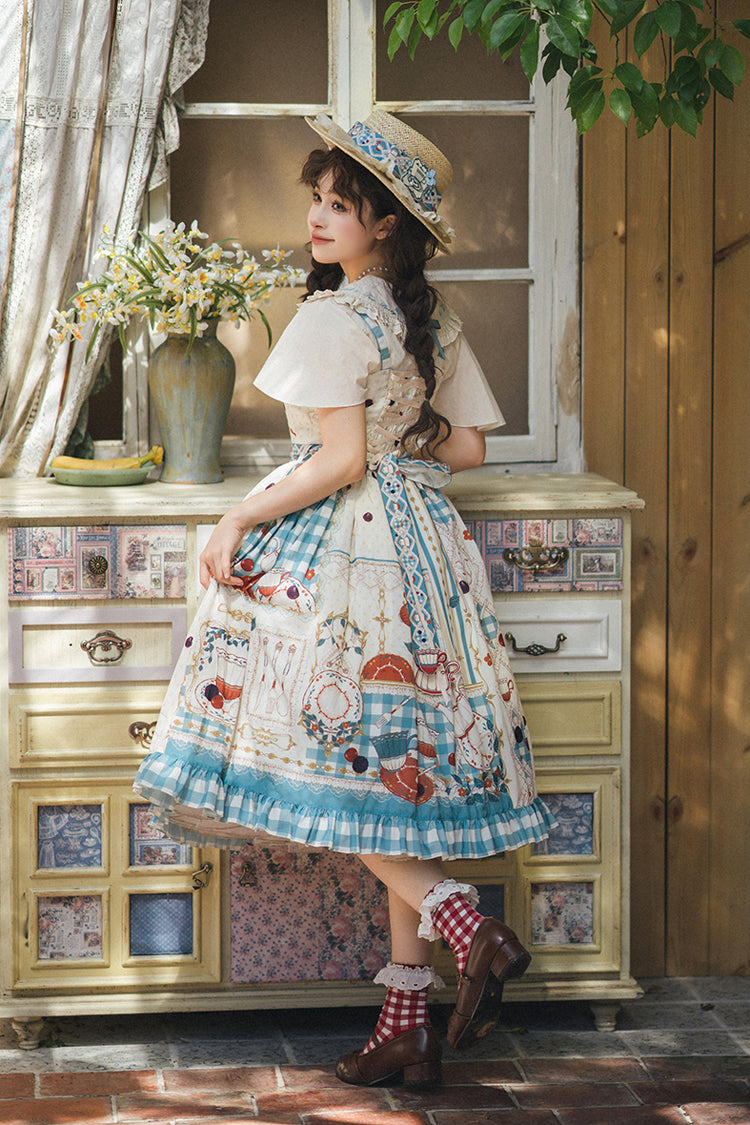 Blue/Green Tea Party Print Ruffle Bowknot Lace Sweet Elegant Lolita Jsk Dress