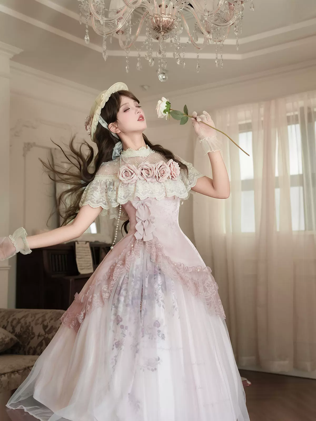 Pink Floral Mesh Lace Ruffled Rose Sweet Princess Vintage Lolita Dress