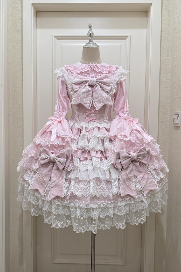 Pink Knot of the Crossed Heart Sleeveless Multi-Layered Ruffle Hanayome Cardigan Bowknot Lace Lace-Up Sweet Lolita Jsk Dress