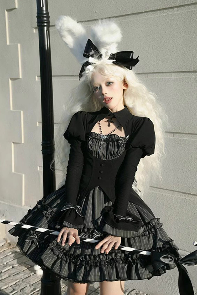Black Duke of the Trap Rabbit Long Sleeves Stripe Print Ruffle Bowknot Lace Gothic Lolita Dress