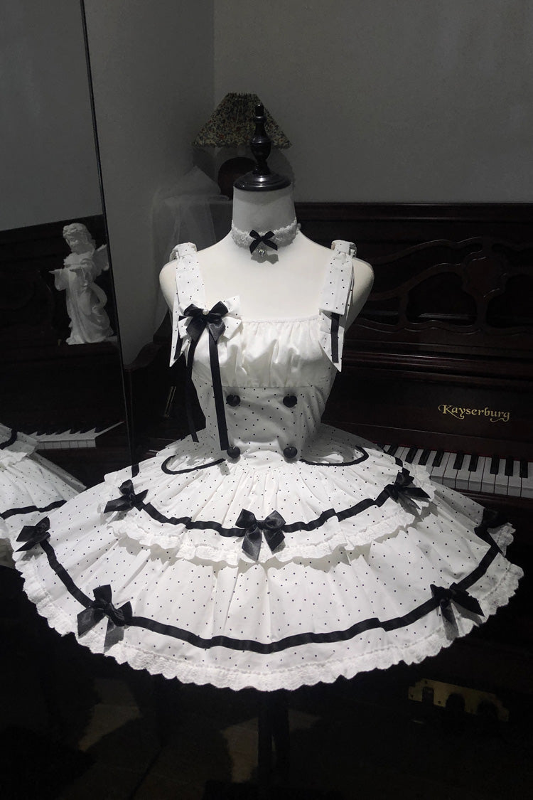 White Pure Cotton Sleeveless Double-Layered Polka Dot Print Ruffle Bowknot Daily Sweet Lolita Jsk Dress