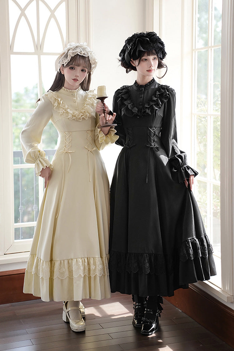 Letters & Poems · Day and Night Stand Collar Long Sleeves Ruffle Bowknot Lace-Up Gothic Lolita Dress 2 Colors