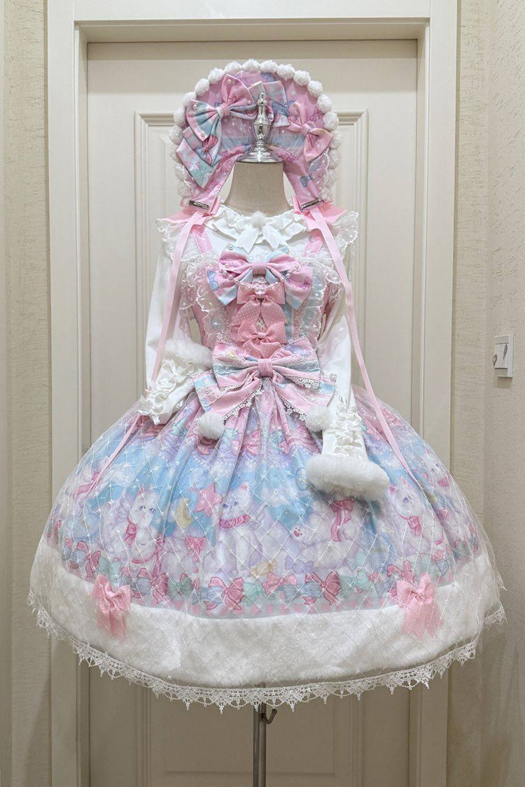 Pink/Blue Candy Mary Cat Printed Ruffled Embroidered Bow Lace Sweet Lolita Jsk Dress