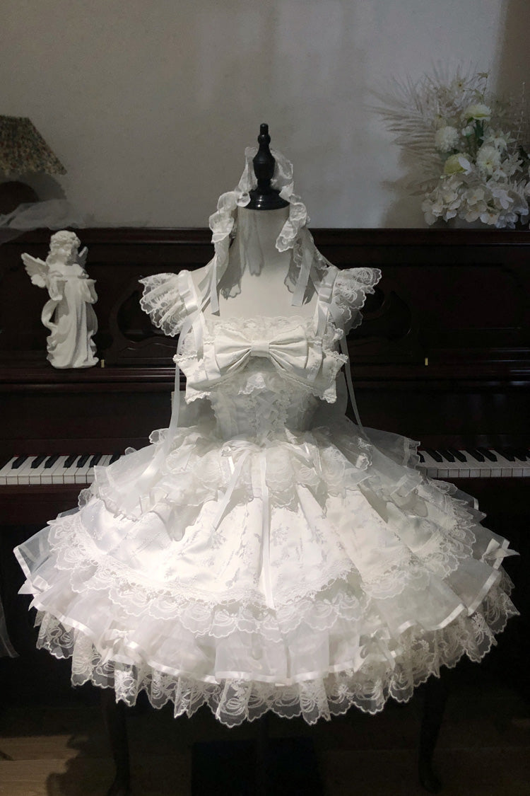 White Fleishi Island Sleeveless Ruffle Bowknot Lace Slim Sweet Ballet Lolita Jsk Dress