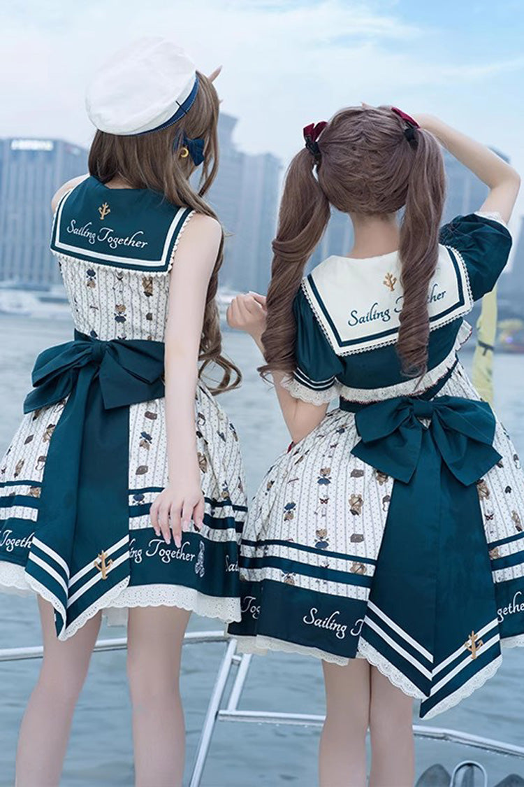 Blue/White Bear Print Navy Ruffle Bowknot Sweet Princess Lolita Jsk Dress