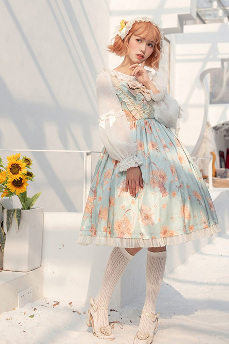 Green Miss Sunflower Sleeveless Printed Ruffled Bow Sweet Lolita Jsk Dress