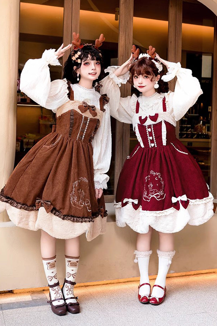 Deer Print Embroidery Bowknot Princess Autumn Winter Sweet Lolita JSK Dress 2 Colors