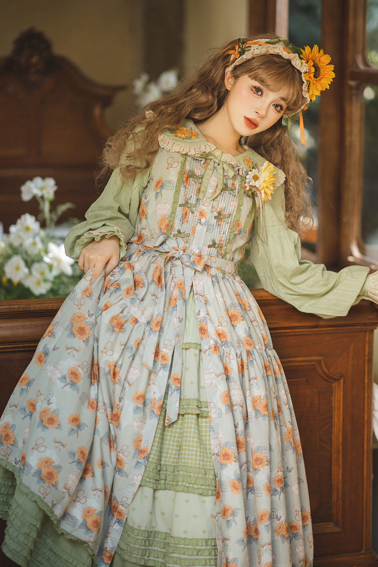 Green Gardening Sunflower Sleeveless Print Ruffle Bowknot Sweet Elegant Lolita Jsk Dress