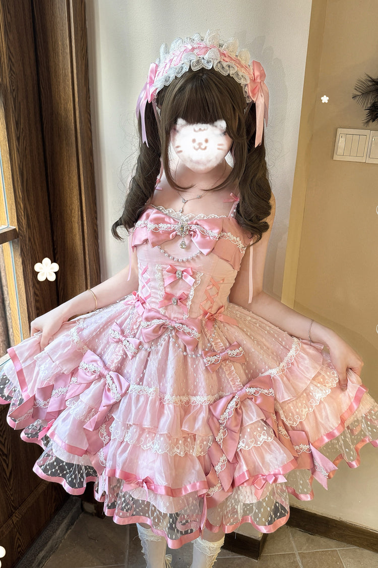 Pink Gem Love Sleeveless Triple-Layered Ruffle Bowknot Lace Sweet Ballet Lolita Jsk Dress