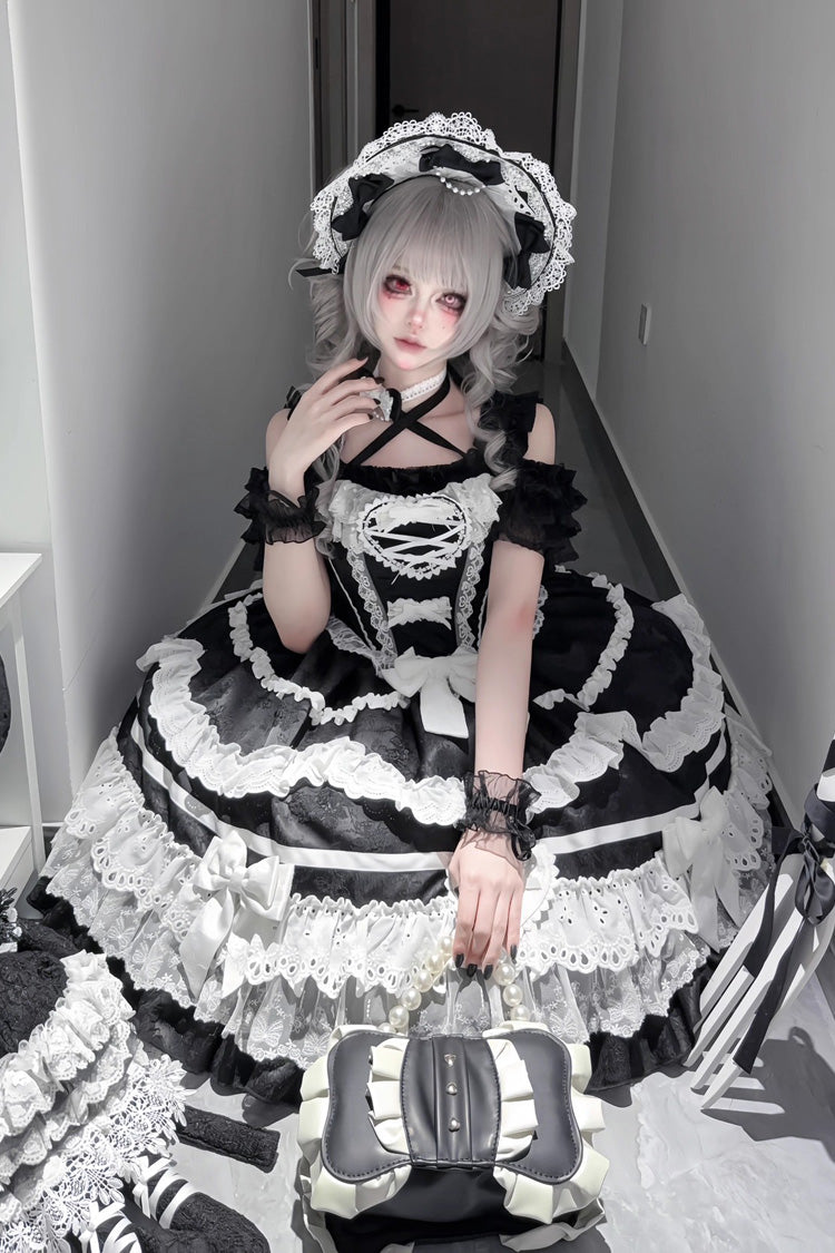 Black/White Super Cute Belia Sleeveless Triple-Layered Ruffle Bowknot Lace Gothic Elegant Lolita Jsk Dress