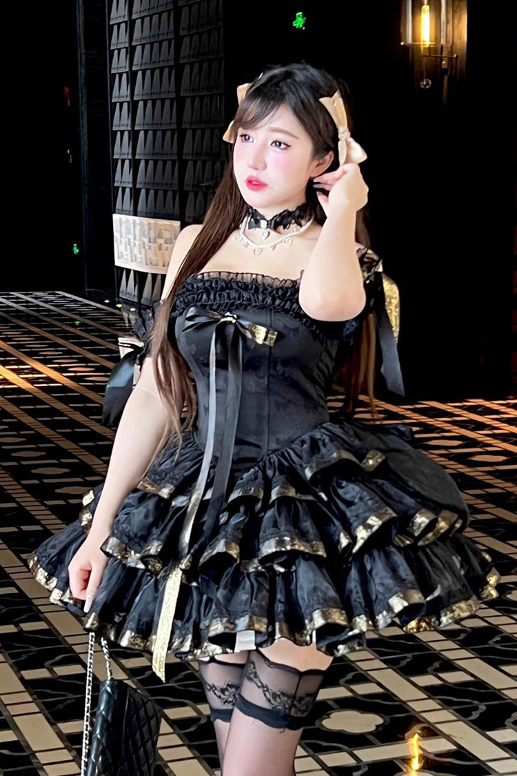Black Princess Ribbon Off Shoulder Triple-Layered Ruffle Bowknot Sweet Lolita Dress