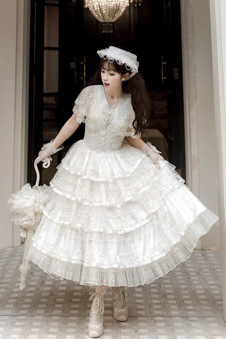 White Morning Dew Lily Short Sleeves Multi-Layered Ruffle Embroidery Sweet Elegant Lolita Dress
