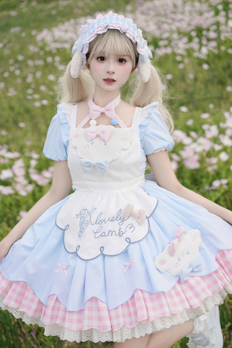 Blue/Pink Lamb Story Short Puff Sleeves Double-Layered Plaid Print Ruffle Bowknot Sweet Lolita Jsk Dress Set