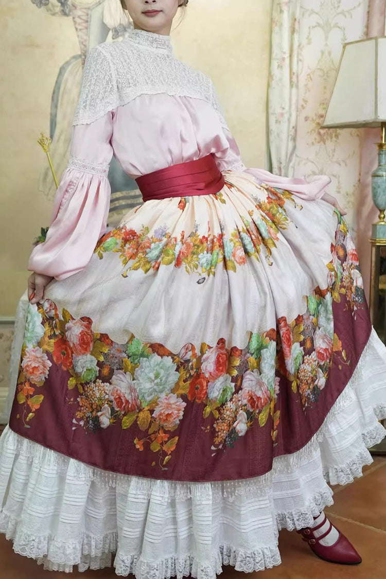 Red Rainy Season Garden Print Ruffle Sweet Classic Lolita Skirt