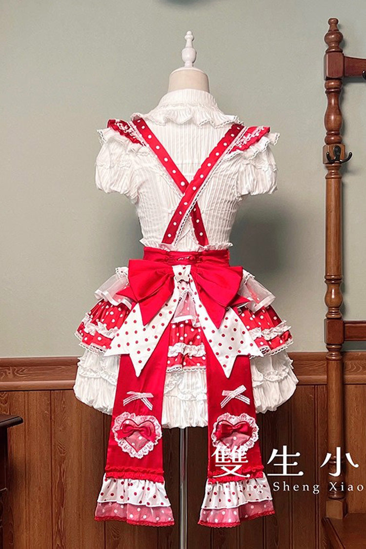 Red/White Twin Bears Birthday Cake Sleeveless Print Ruffle Bowknot Lace Sweet Lolita Small Flower Bud Dress