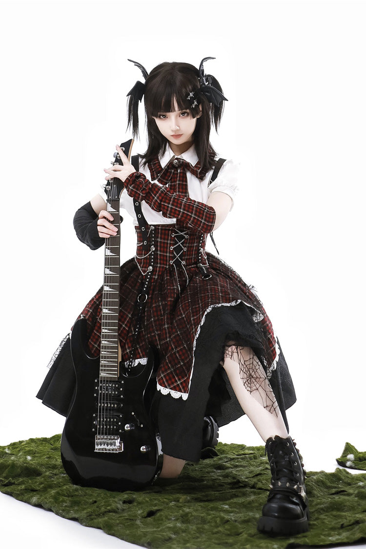 Black/Red Soul Mantra Plaid Print Irregular Sweet Lolita Strap Dress