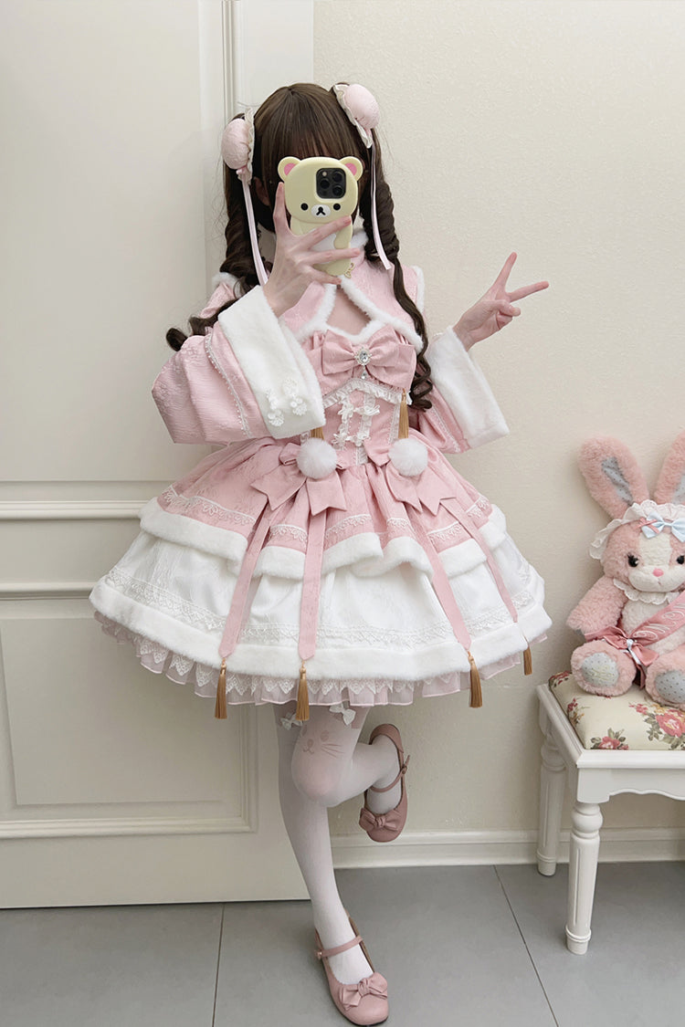 Pink Snow Rabbit Long Sleeves Ruffle Bowknot Fake Two Pieces Sweet Lolita Dress