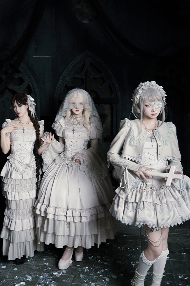 Solid Color Bionic Doll Square Collar Multi-Layered Ruffle Bowknot Lace-Up Gothic Lolita Fishtail Skirt Corset Set