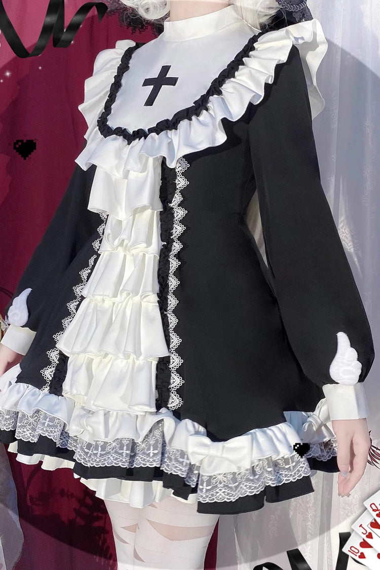 White/Black Long Sleeves Multi-layer Cross Print Nun Style Ruffle Gothic Lolita Dress