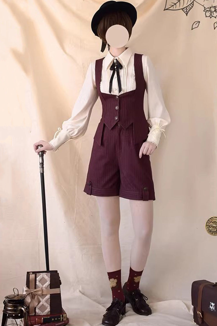 Red Griffin's Pact Bust Support Striped Printed Gothic Ouji Lolita Shorts Vest Set