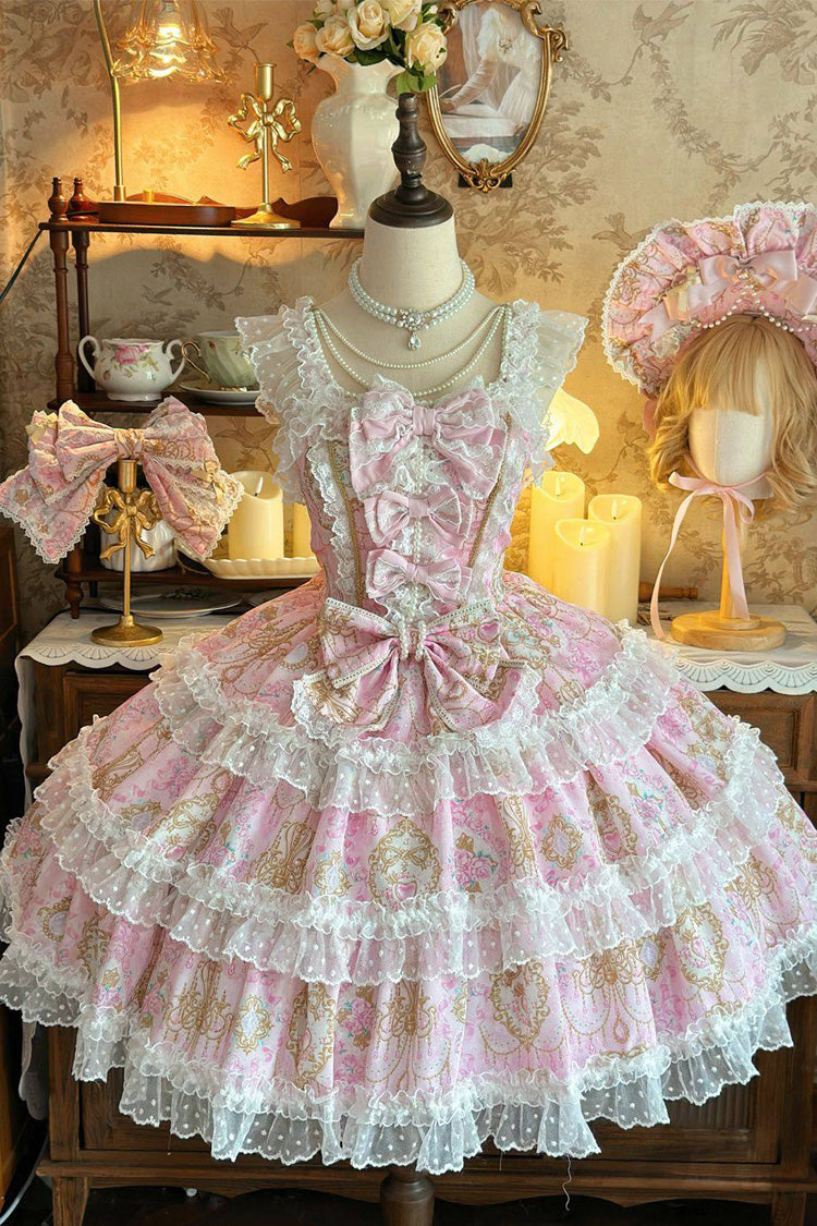 Pink Candelabrum Elegy Sleeveless Triple-Layered Flower Wall Printed Ruffled Bow Lace Sweet Lolita Jsk Dress