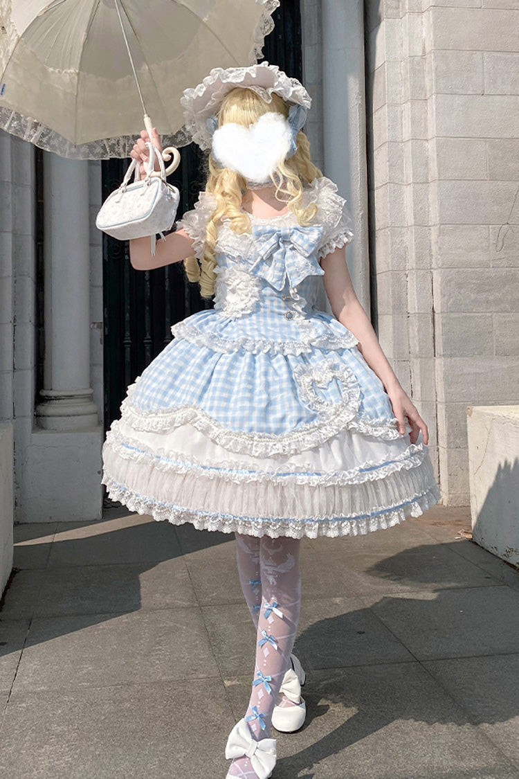 Blue Tea Break Sweetheart Short Sleeves Multi-Layered Plaid Print Ruffle Sweet Lolita Dress