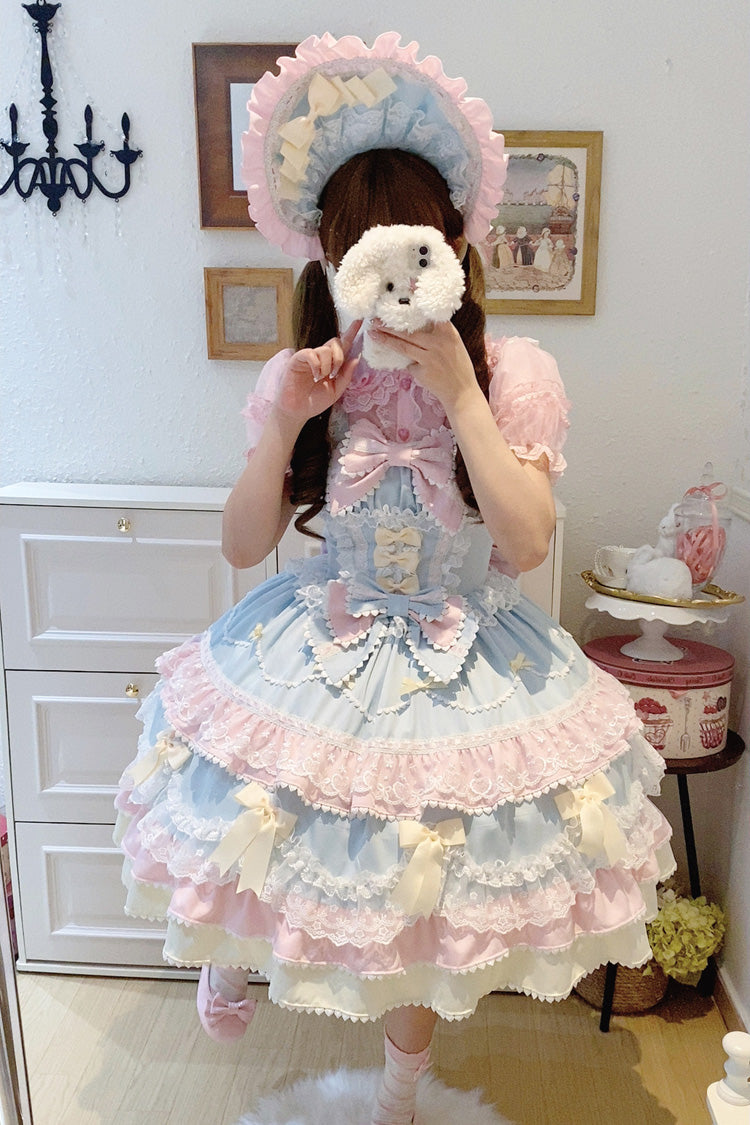 Blue/Pink Fondant Cake Sleeveless Multi-Layered Ruffle Bowknot Lace Sweet Lolita Jsk Dress