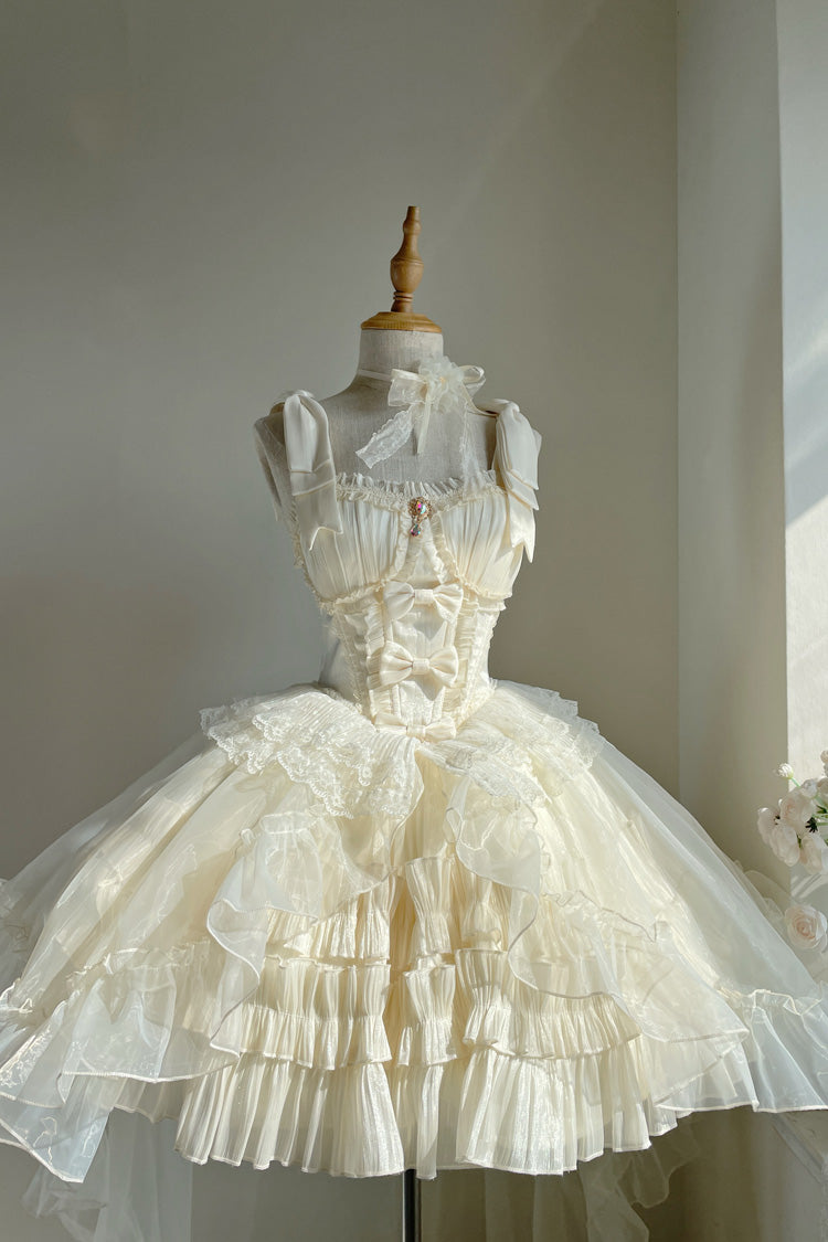 Apricot Cream Cake Sleeveless Multi-Layered Ruffle Bowknot Sweet Princess Lolita Jsk Dress Set