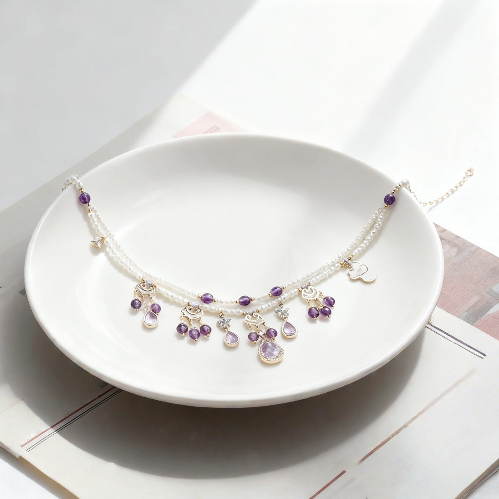Lolita Necklace Lavender Amethyst Double-Layered Pearl Choker with CelestialCrystal Tassels