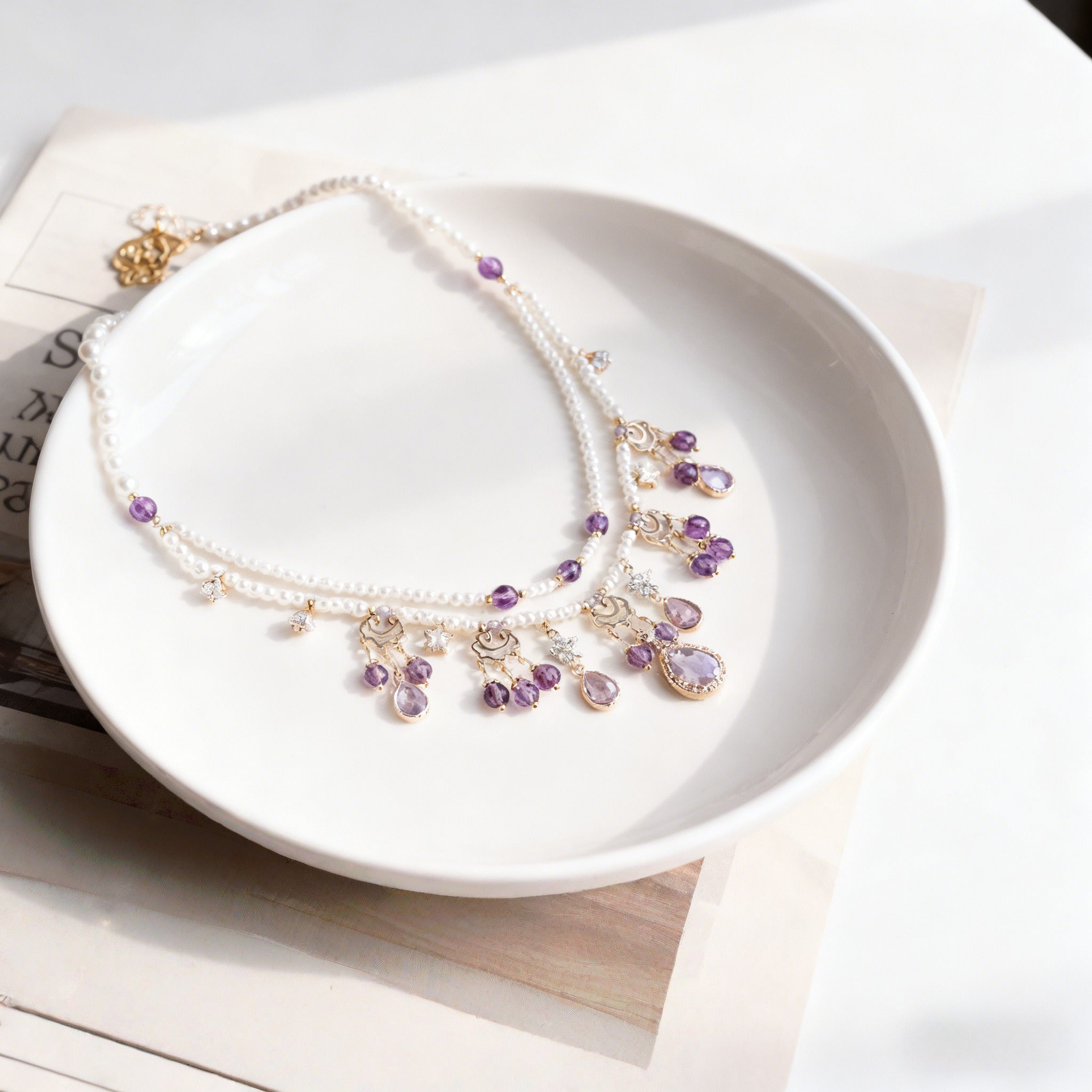 Lolita Necklace Lavender Amethyst Double-Layered Pearl Choker with CelestialCrystal Tassels
