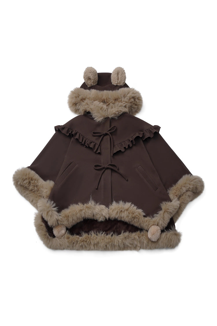 Brown Fluffy Little Bear Plaid Printed Ruffled Bow Sweet Lolita Strap Dress