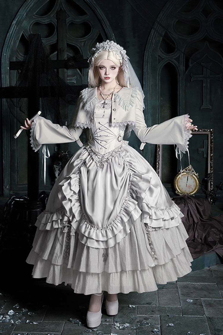 Solid Color Bionic Doll Square Collar Multi-Layered Ruffle Bowknot Lace-Up Gothic Lolita Long Skirt Corset Set