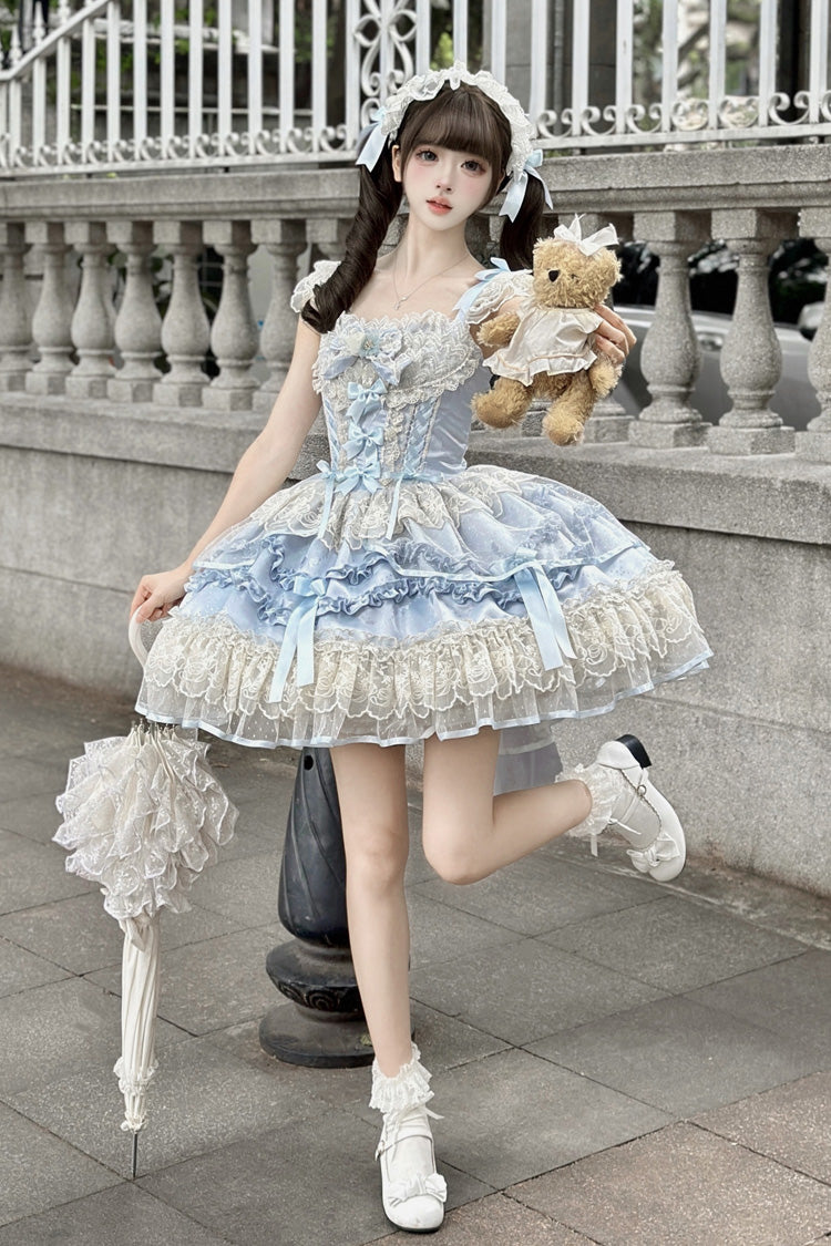 Blue Dreaming Butterfly Multi-Layered Jacquard Ruffle Bowknot Lace Sweet Princess Lolita Jsk Dress