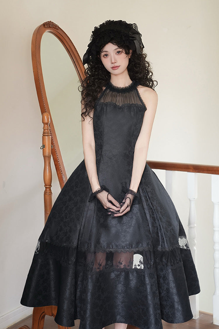 Black Flowers in the Mist Off Shoulder Halterneck Print Ruffle Gothic Elegant Lolita Dress