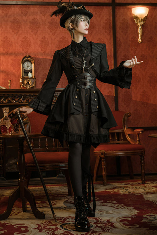 Black/Brown Single Breasted Long Sleeves Ruffled Striped Print Ouji Lolita Dress