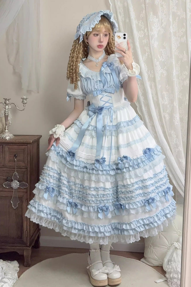 White/Blue Layered Sea Salt Ice Short Sleeves Ruffle Bowknot Lace Sweet Lolita Dress