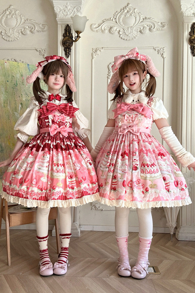 Red/Pink Strawberry Cake Printed Ruffled Bow Daily Sweet Lolita Jsk Dress