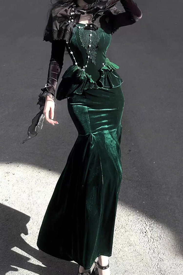 Green Dark Forest Ruffle Embroidery Slim Elegant Lolita Jsk Fishtail Dress