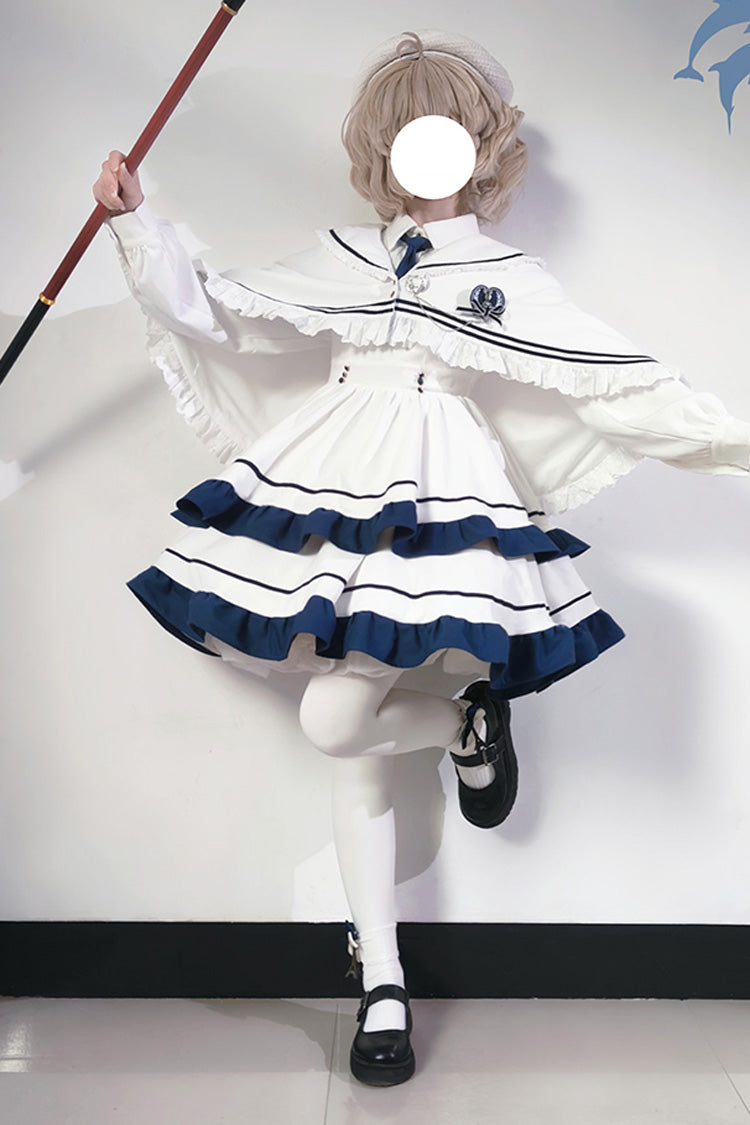White Long Sleeves Double-Layered Ruffle Sweet College Style Lolita Dress