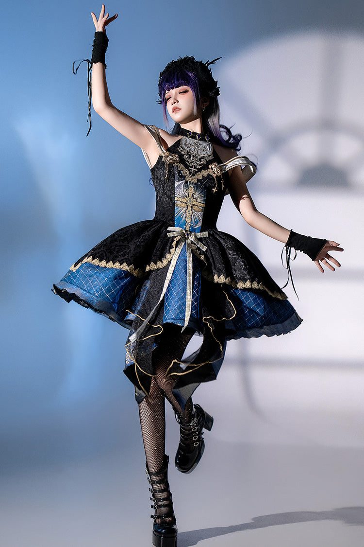 Black/Blue Universe Off Shoulder Halterneck Sleeveless Print Embroidery Cardigan Gothic Princess Lolita Dress