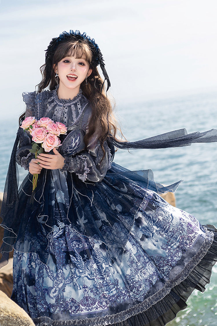 Blue Angel Garden Print Ruffle Bowknot Asymmetric Classic Elegant Lolita Jsk Dress