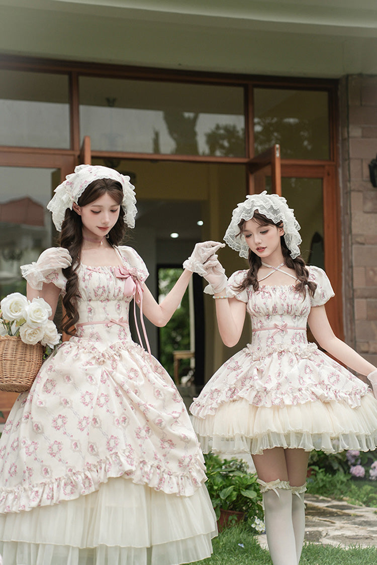 Ivory Rose After The Rain Short Sleeves Triple-Layered Print Ruffle Bowknot Lace-Up Sweet Lolita Long Dress