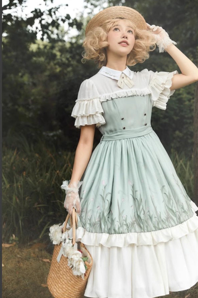 White/Green Lapel Collar Wizard Of Oz Short Sleeves Ruffle Bowknot Sweet Lolita Dress