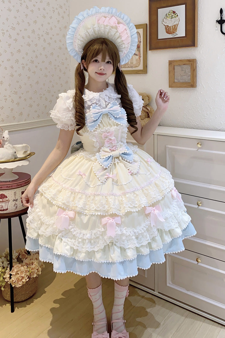 Yellow/Blue Fondant Cake Sleeveless Multi-Layered Ruffle Bowknot Lace Sweet Lolita Jsk Dress