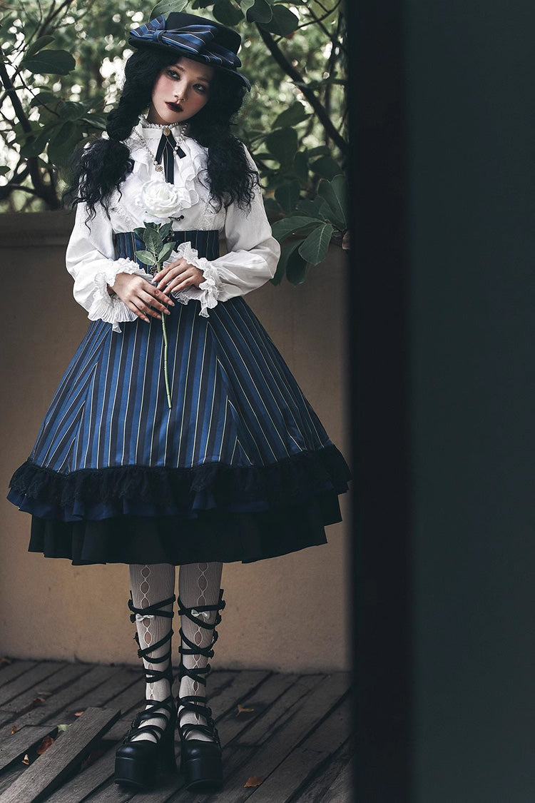 Point Manor Multi-layer Striped Print Ruffle Vintage Elegant Gothic Lolita Skirt 4 Colors